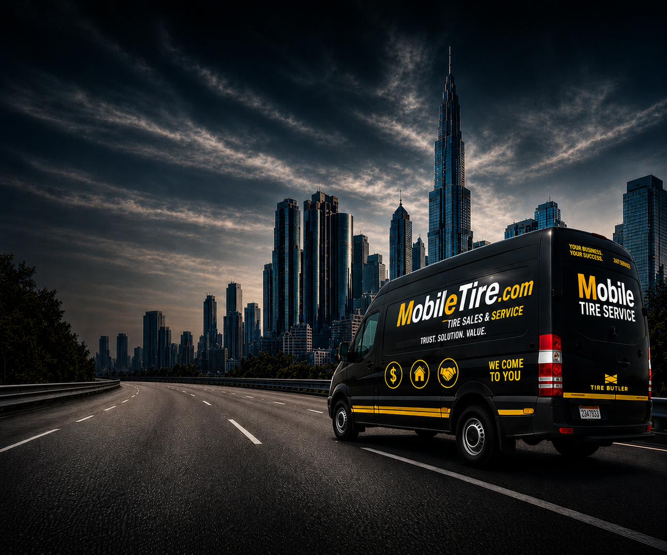 Mobile tire service van driving toward a city skyline